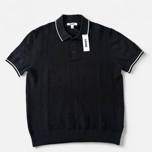 DKNY Men's Black Polo Shirt  Size Large White Trim Textured Knit Modern Classic